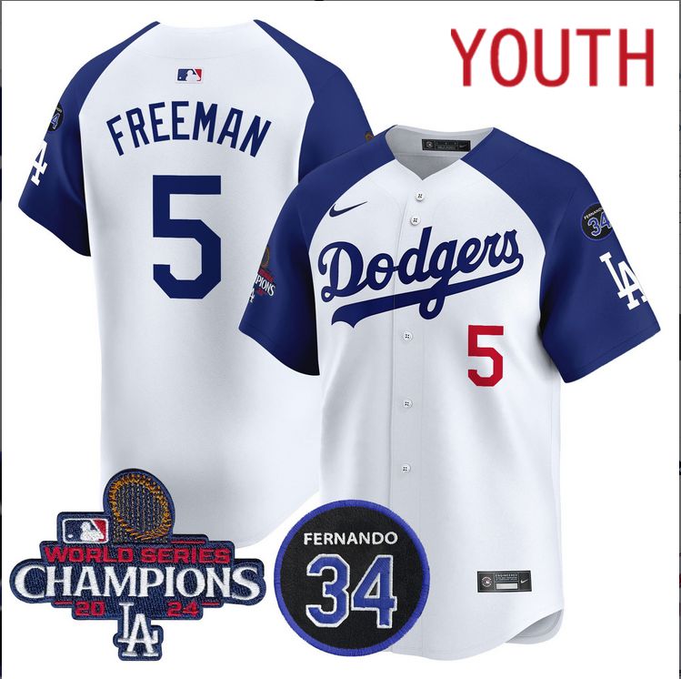 Youth MLB Los Angeles Dodgers #5 Freeman white 2024 World Series Champions Patch Limited Jersey style 2